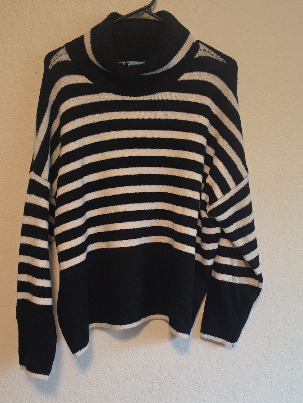 6CeCe Black and White Striped Cowl-Neck Sweater